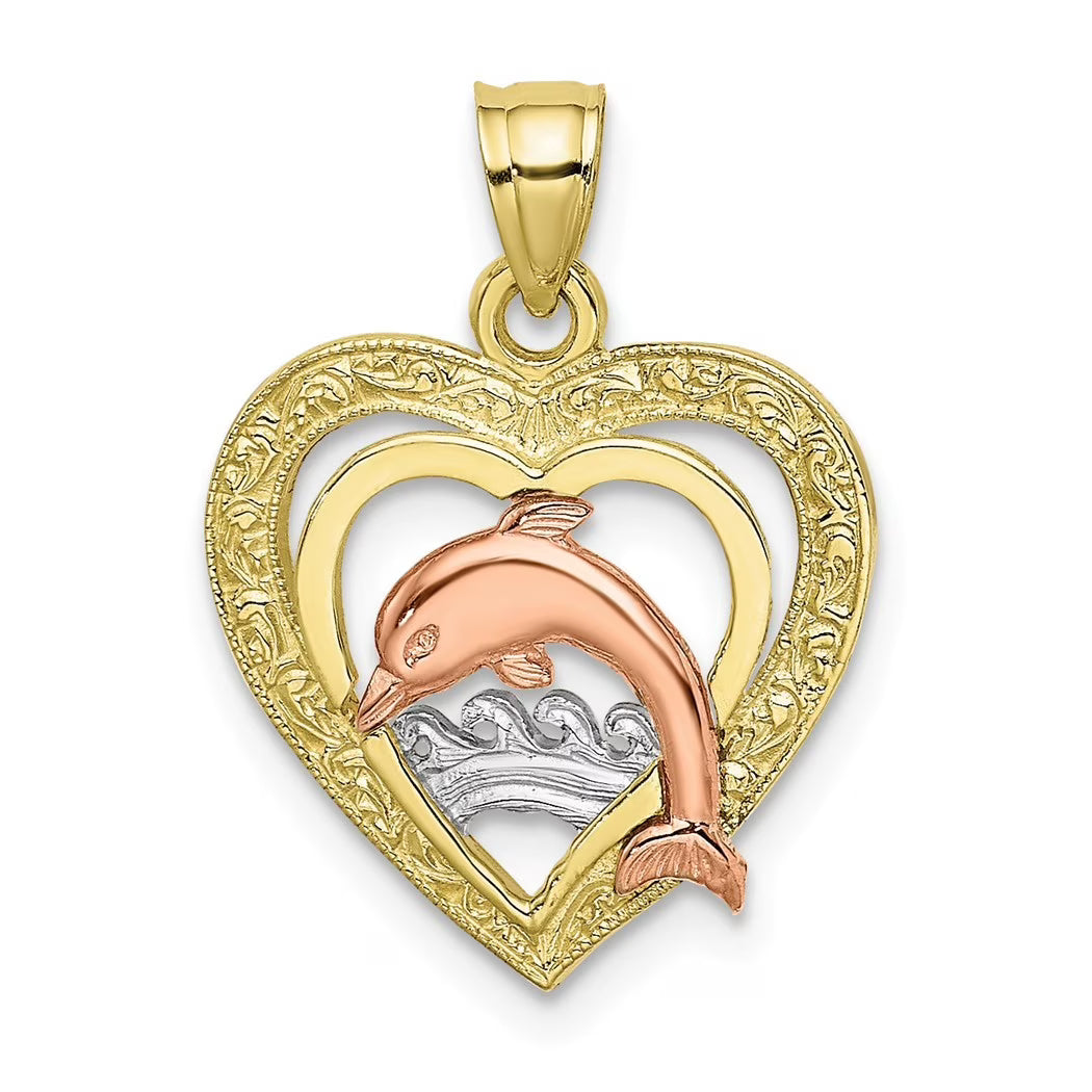 Tri color 10k Gold Dolphin Heart Pendant Necklace S740