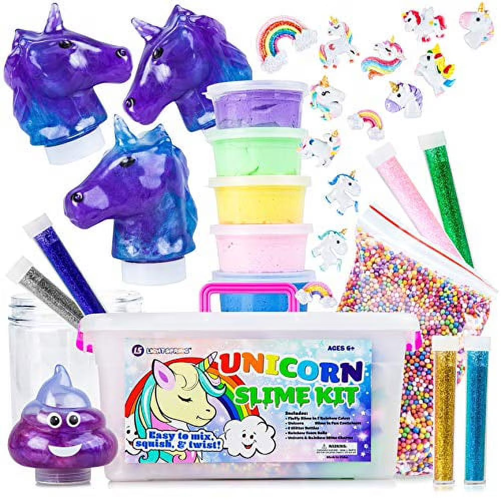 Unicorn Slime Kit with Fluffy Slime, Charms, Emoji Slime, Floam Beads, Glitter Add Ins DIY Slime Making Kit and Slime Accessories G33015