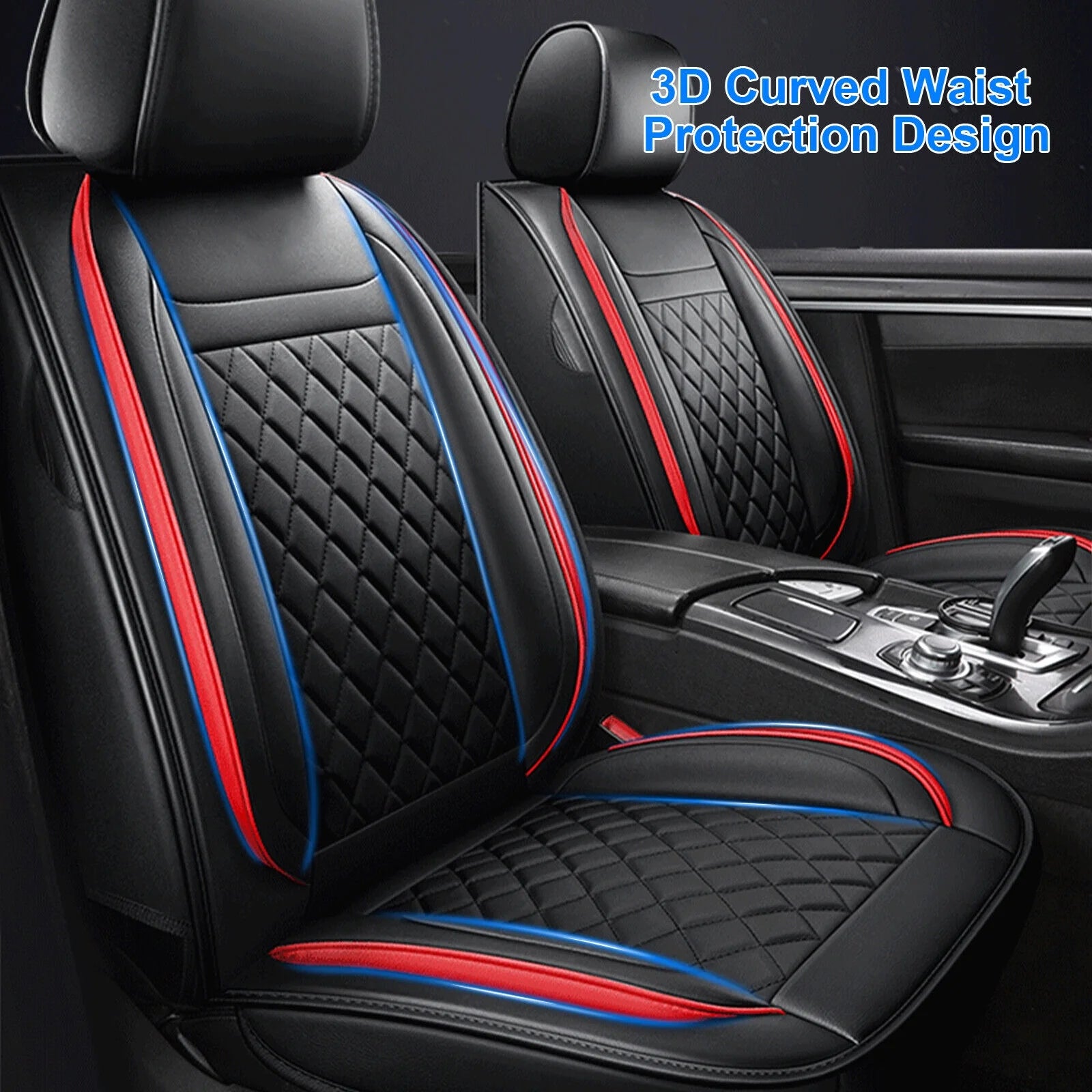 5 Seats PU Leather Car Seat Covers with 4 Pillows Black+Red G128