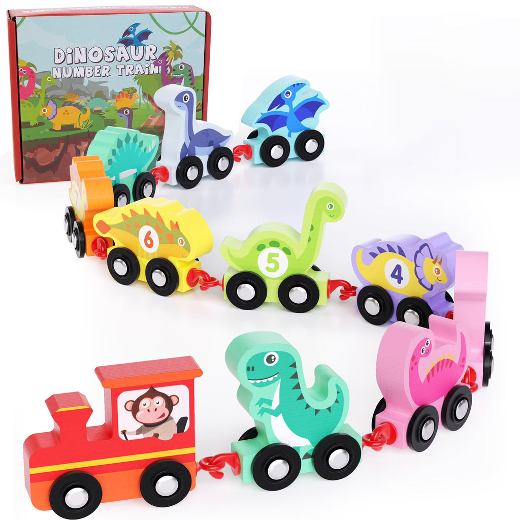 Wooden Dinosaur Train Car with Numbers, 11 Pieces Educational Montessori Toys I3366