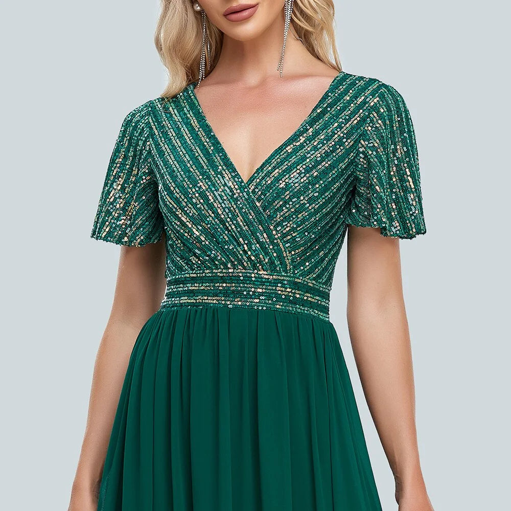 Green V-Neck Sequins Chiffon Formal Gown R761570