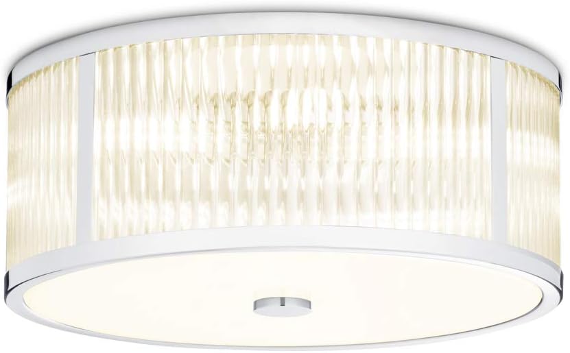 Chrome Flush Mount Ceiling Light, 18 Inch Diameter, LED Bulbs Included, 3000K, 2100 Lumens, Ribbed Glass Shade, Dimmable T56109