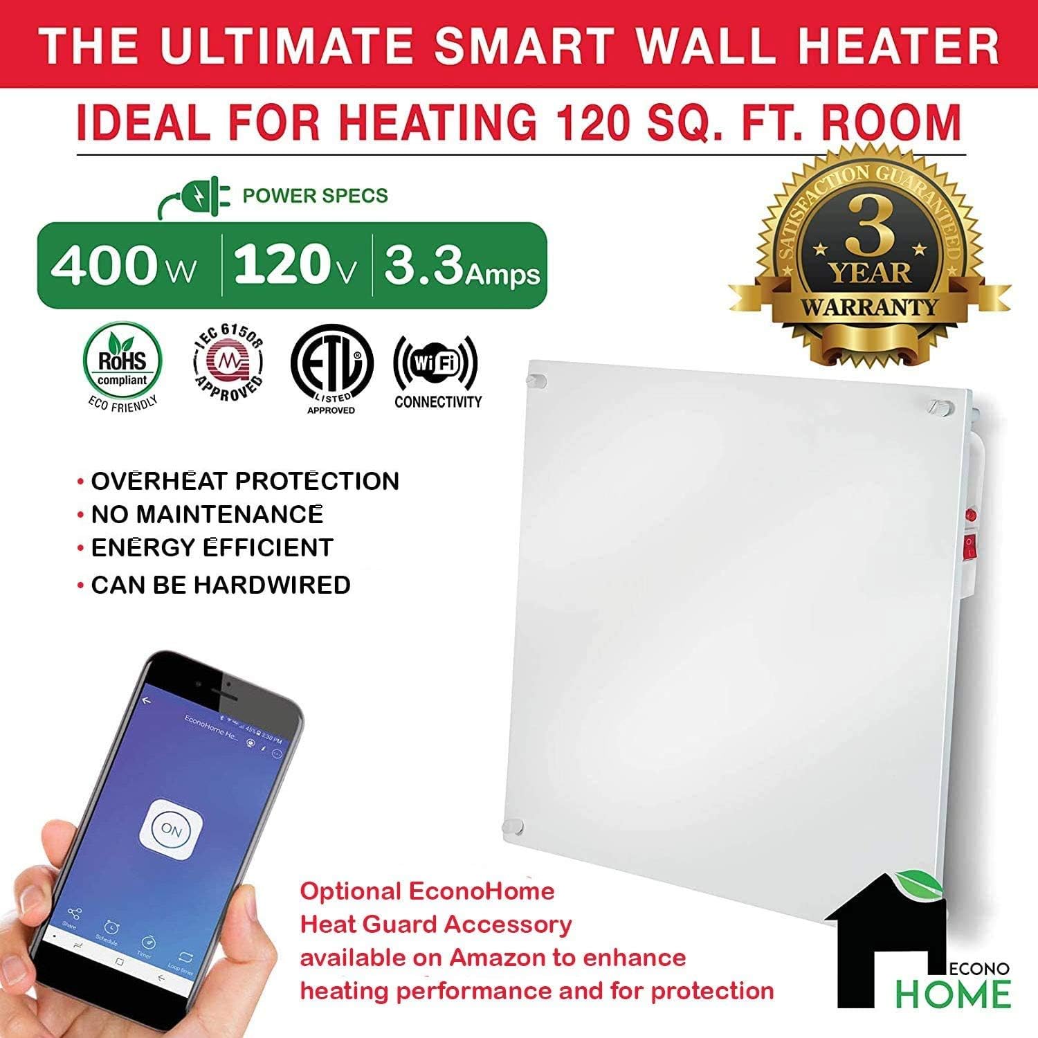 Wall Mount Smart Space Heater Panel with Overheat Protection T372