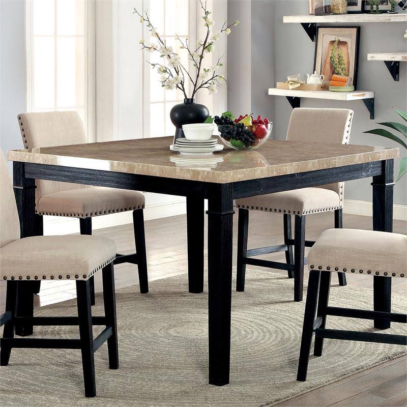 Black Wood Counter Height Table with Faux Marble Top U8951