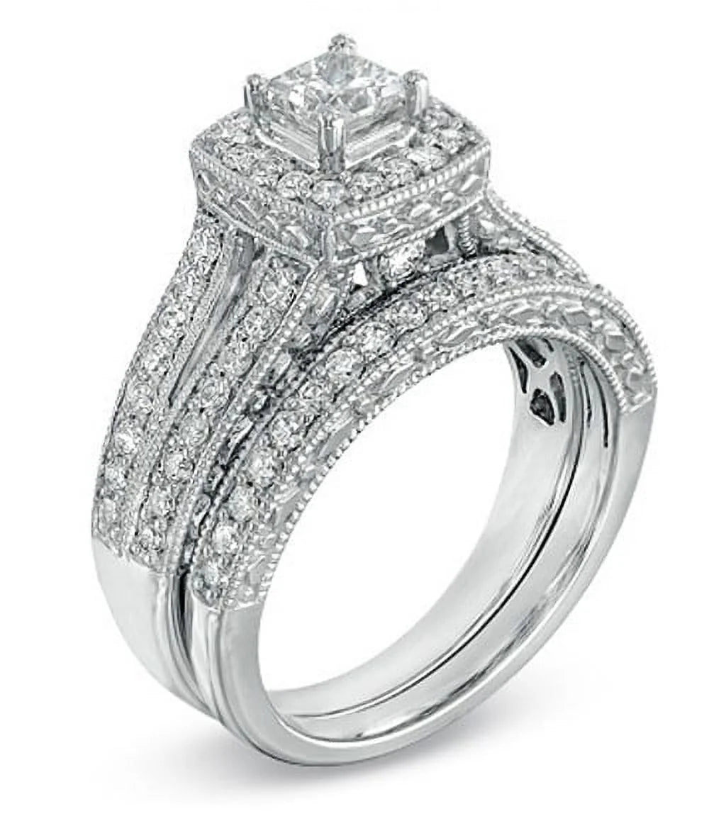 Antique Wedding Ring Set 2 Carat Princess Cut Diamond on Gold F7248