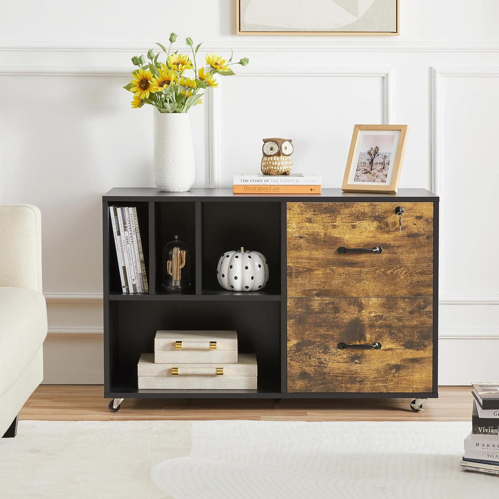 Black/Rustic Brown 2 Drawer Lateral File Cabinet with Wheels and 4 Open Shelves D480