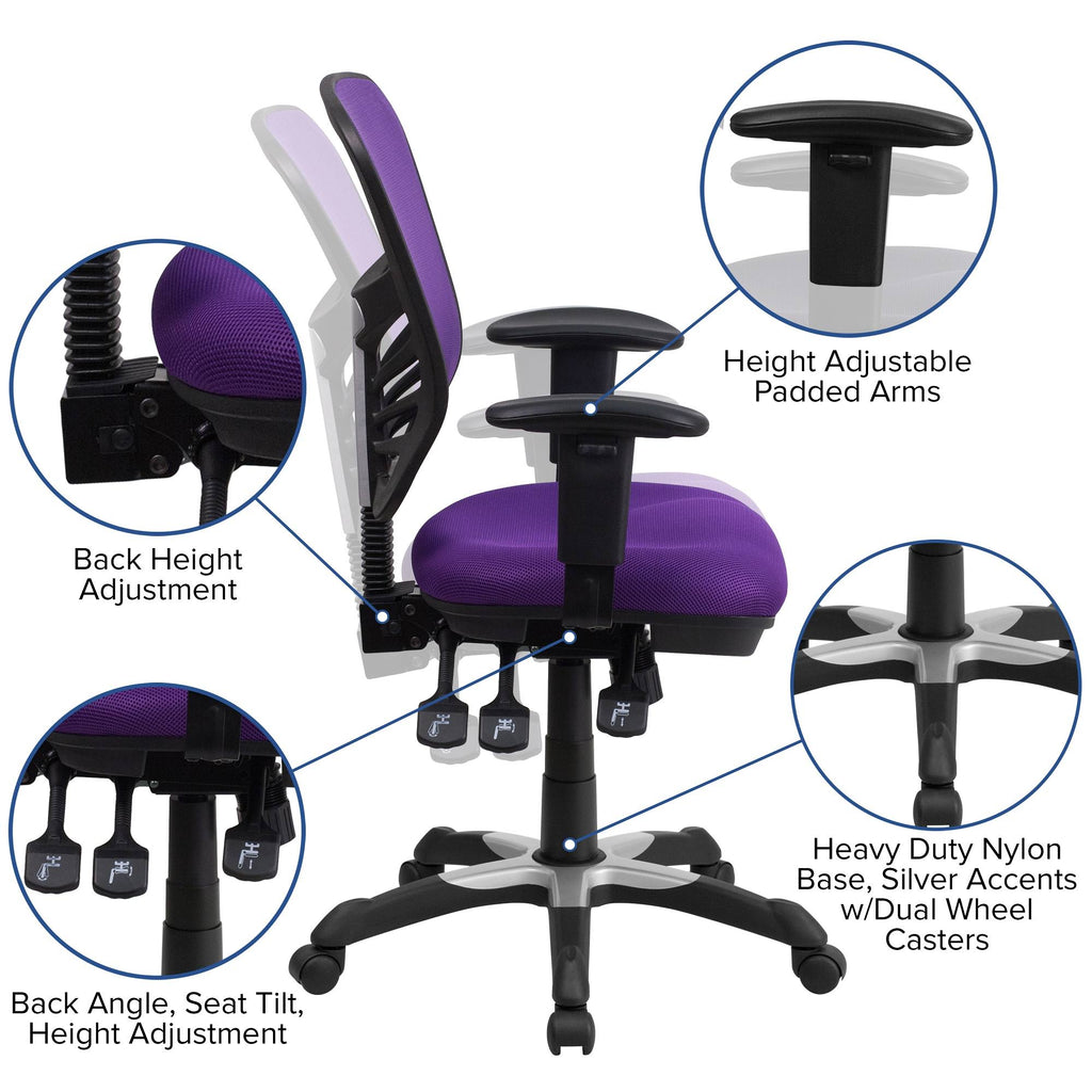 Purple and Black Swivel Ergonomic Office Chair with Adjustable Arms S923