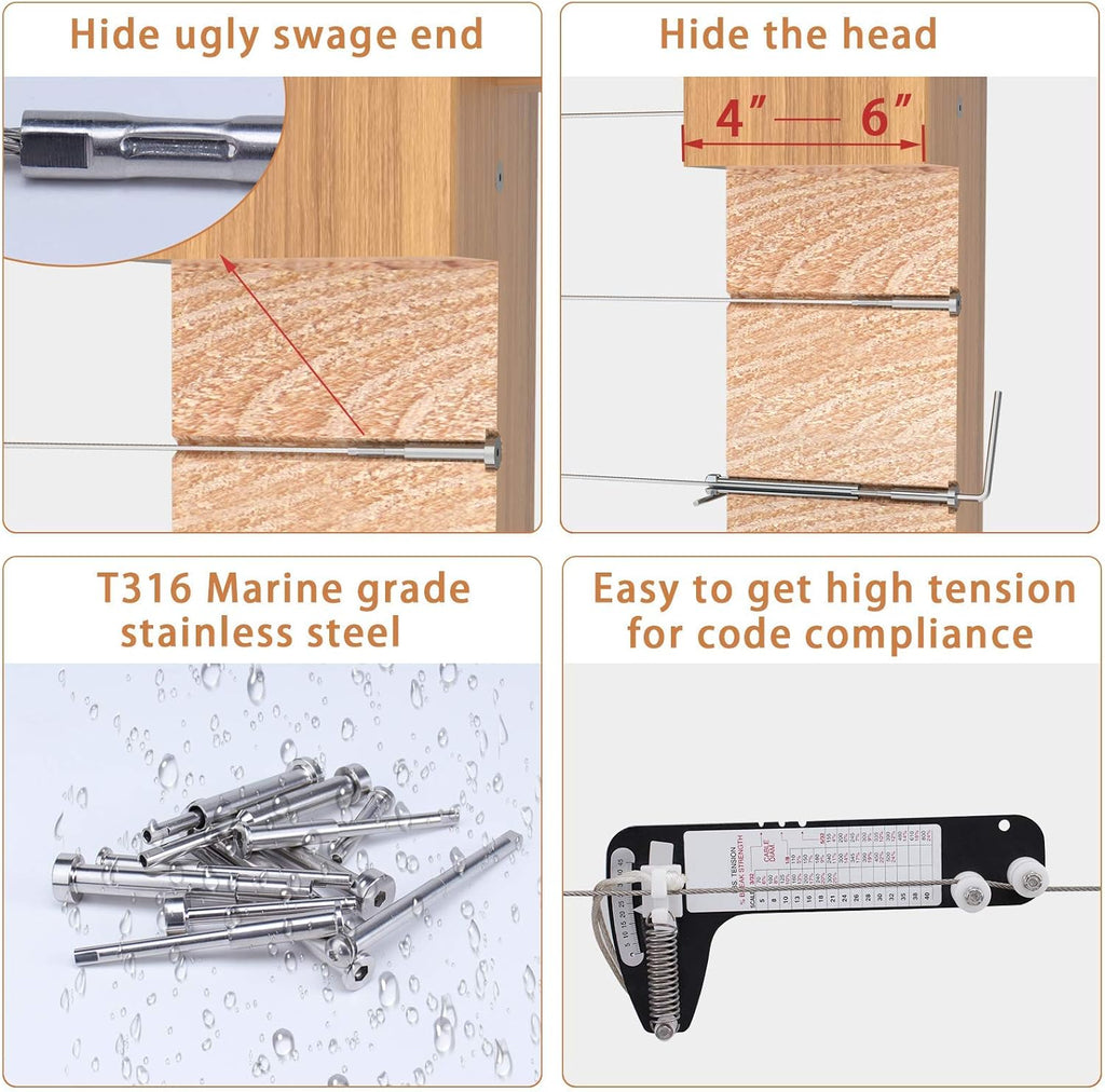 20Pack Invisible Cable Railing Kit 1/8 Swage Tensioner Hardware T316 Stainless Steel J239401