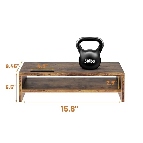 2 Tier Rustic Brown Wood Monitor Stand with Storage Shelves O631