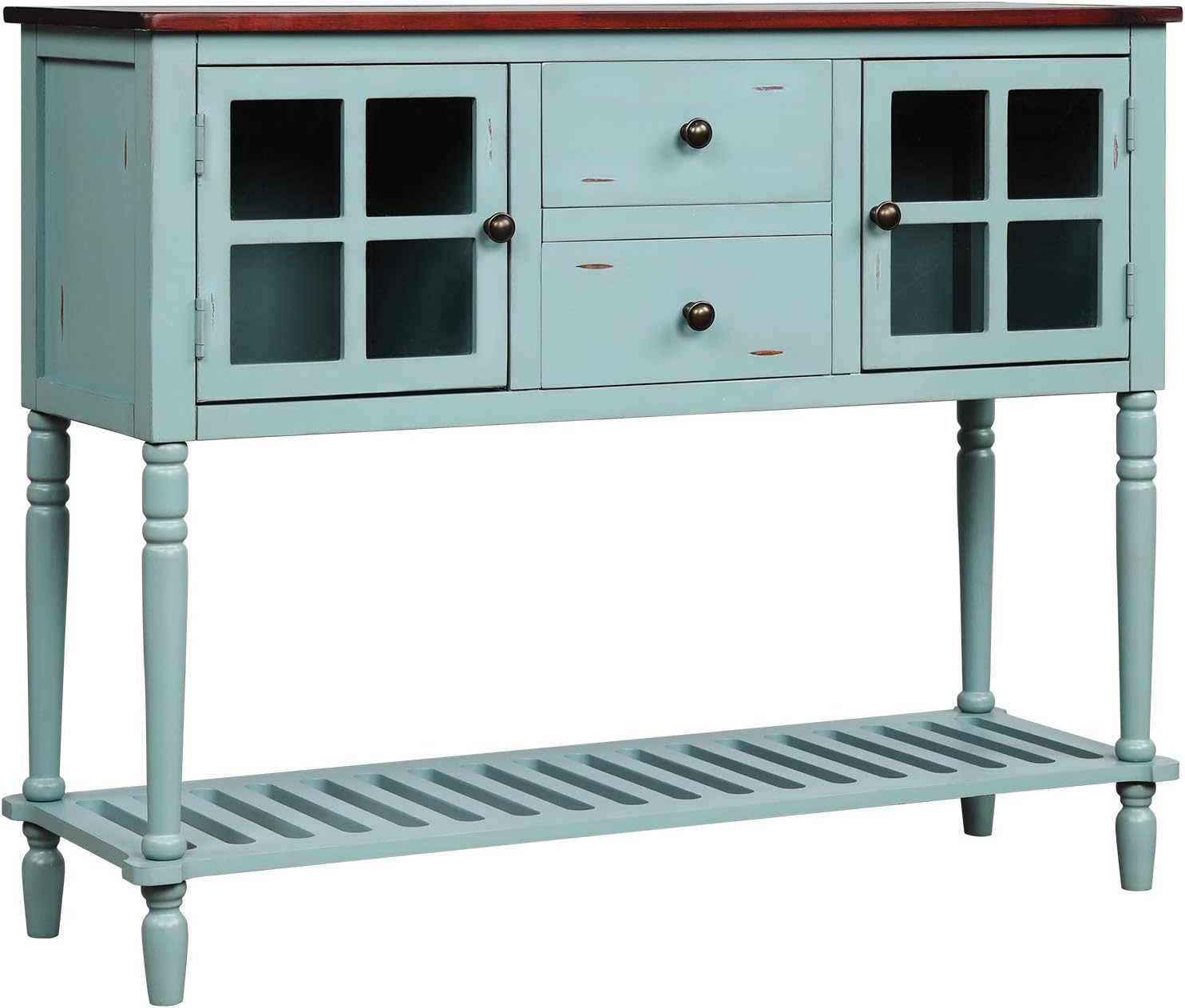 Antique Grey Console Table with 2 Storage Drawers and 2 Glass Door Cabinets C37456