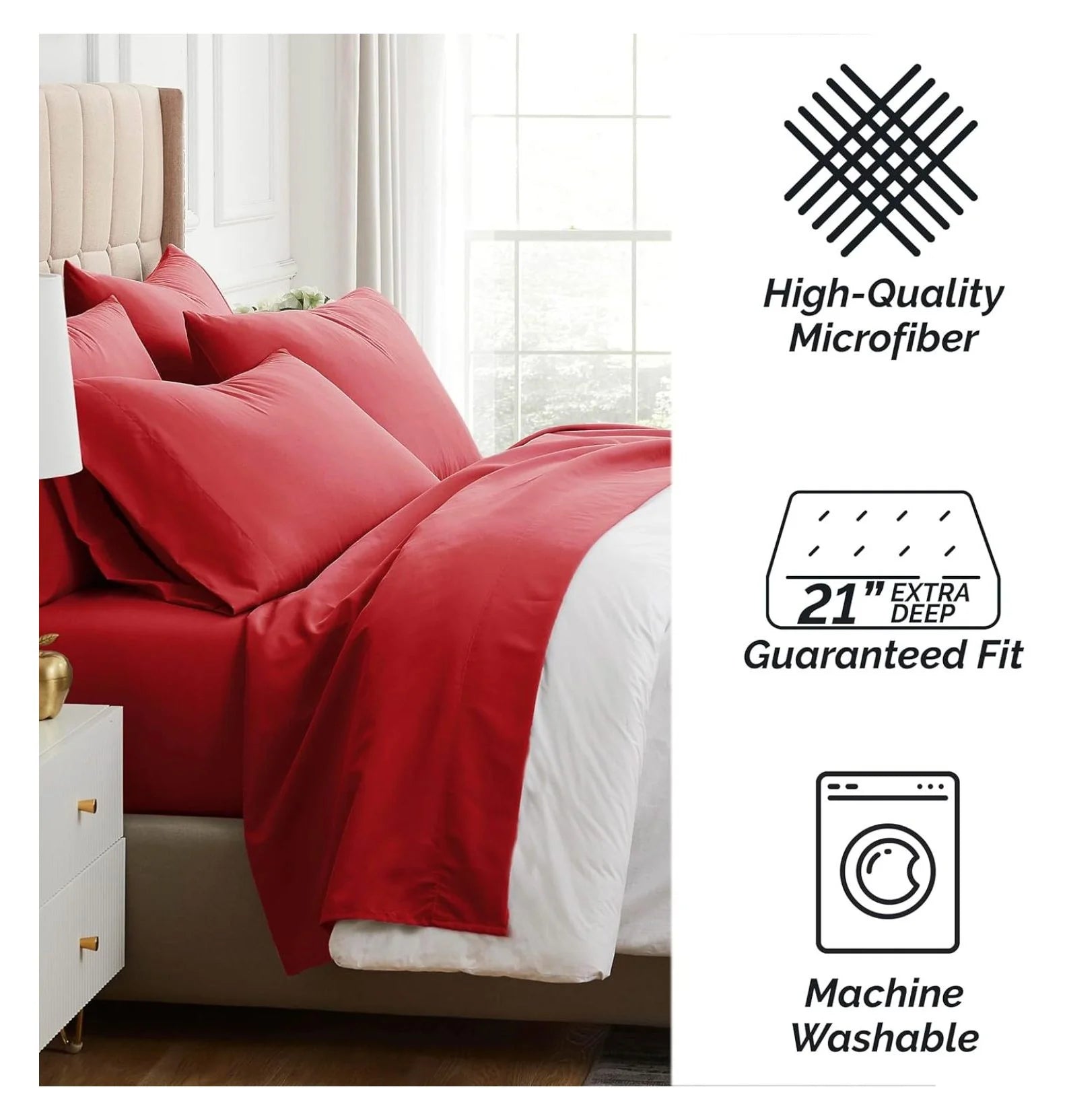 Twin XL 4-Piece Red Bed Sheets with 21" Deep Fitted Sheet C91082