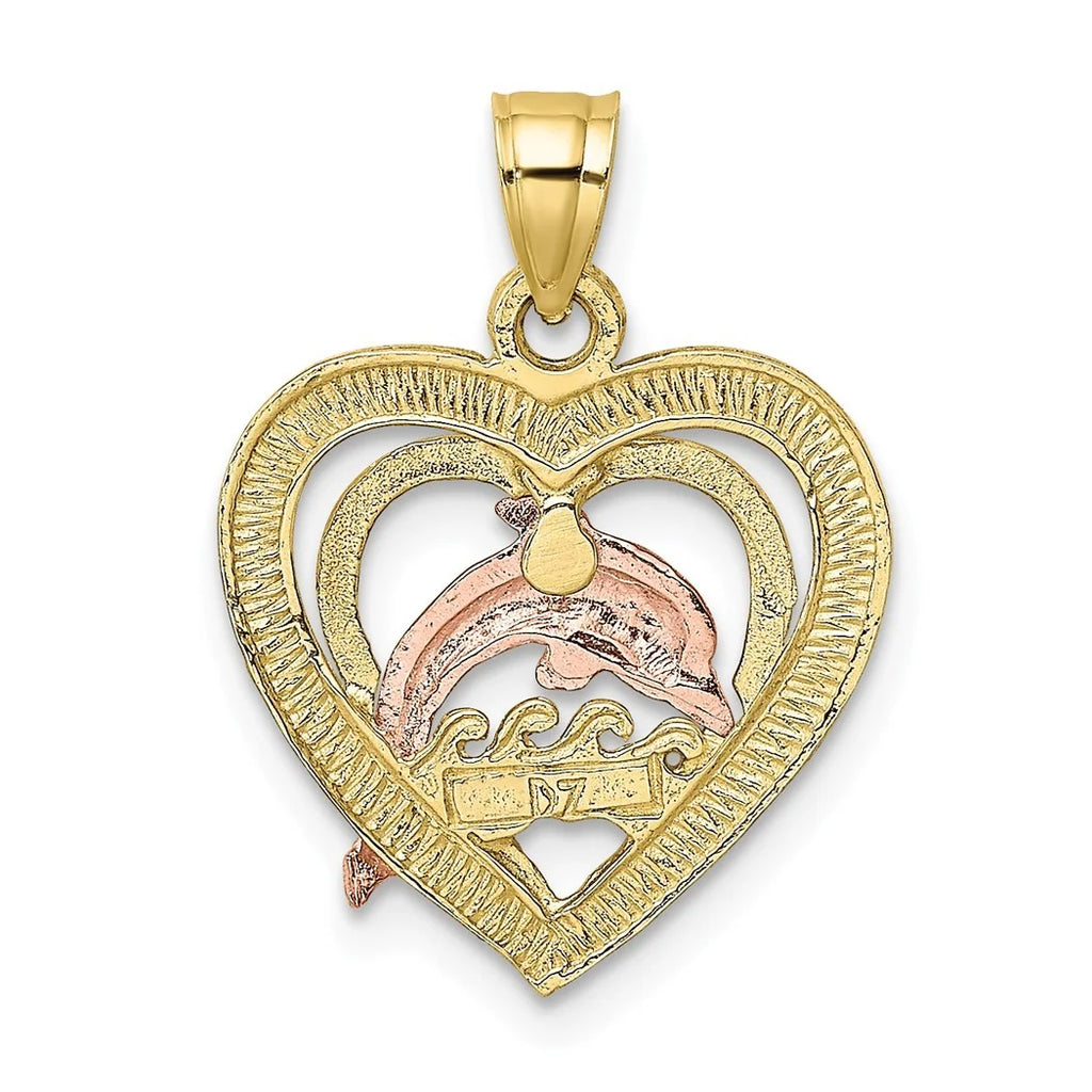 Tri color 10k Gold Dolphin Heart Pendant Necklace S740