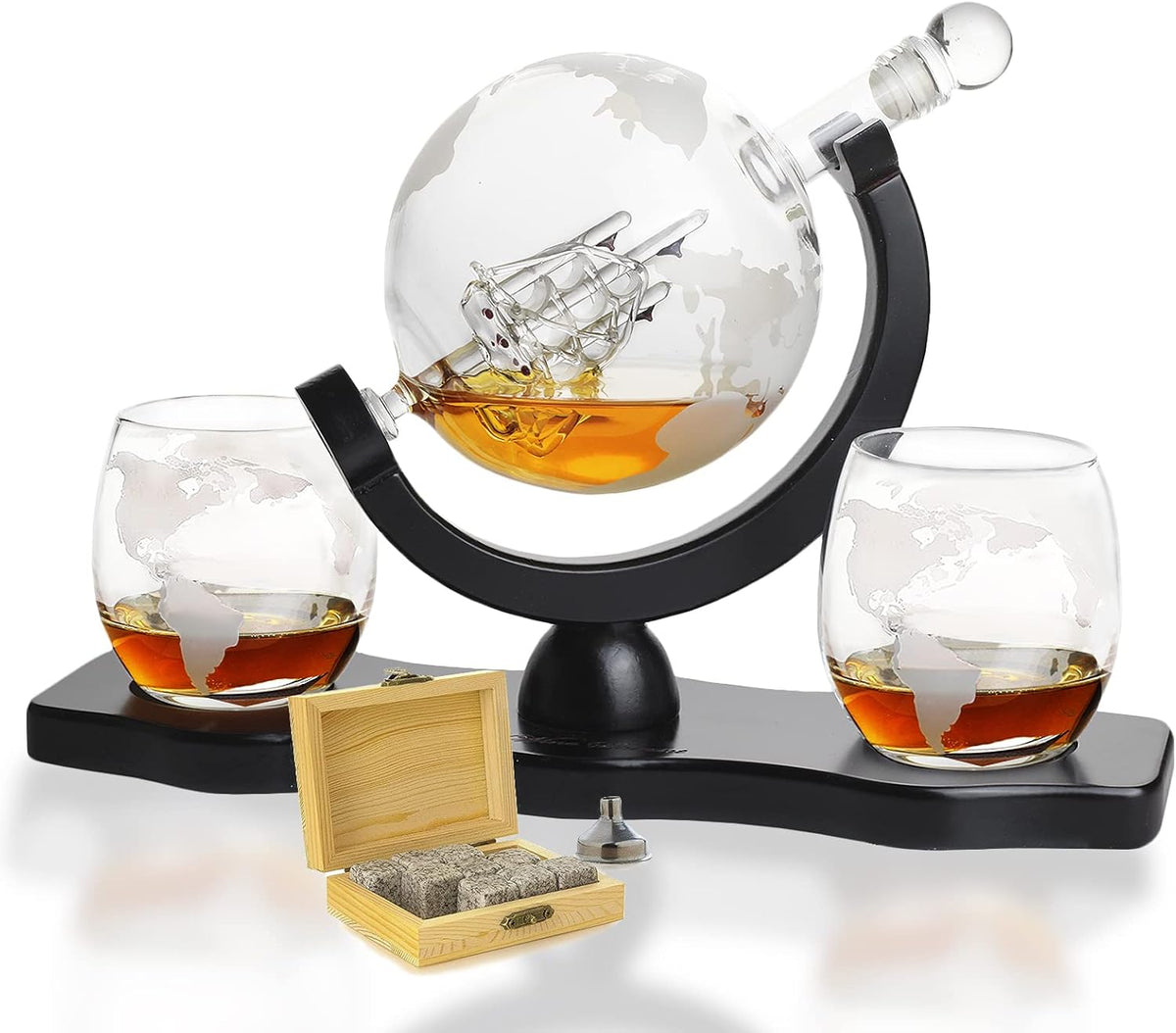 Globe Whiskey Decanter Set with 2 Etched Whisky Glasses and Whiskey Stones 850ml L2006