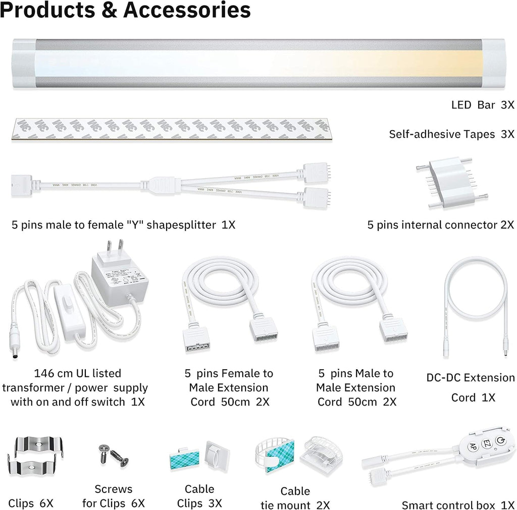 Under Cabinet LED Light Bar Kit, 3 Lights, Dimmable Warm to Cool White Y224