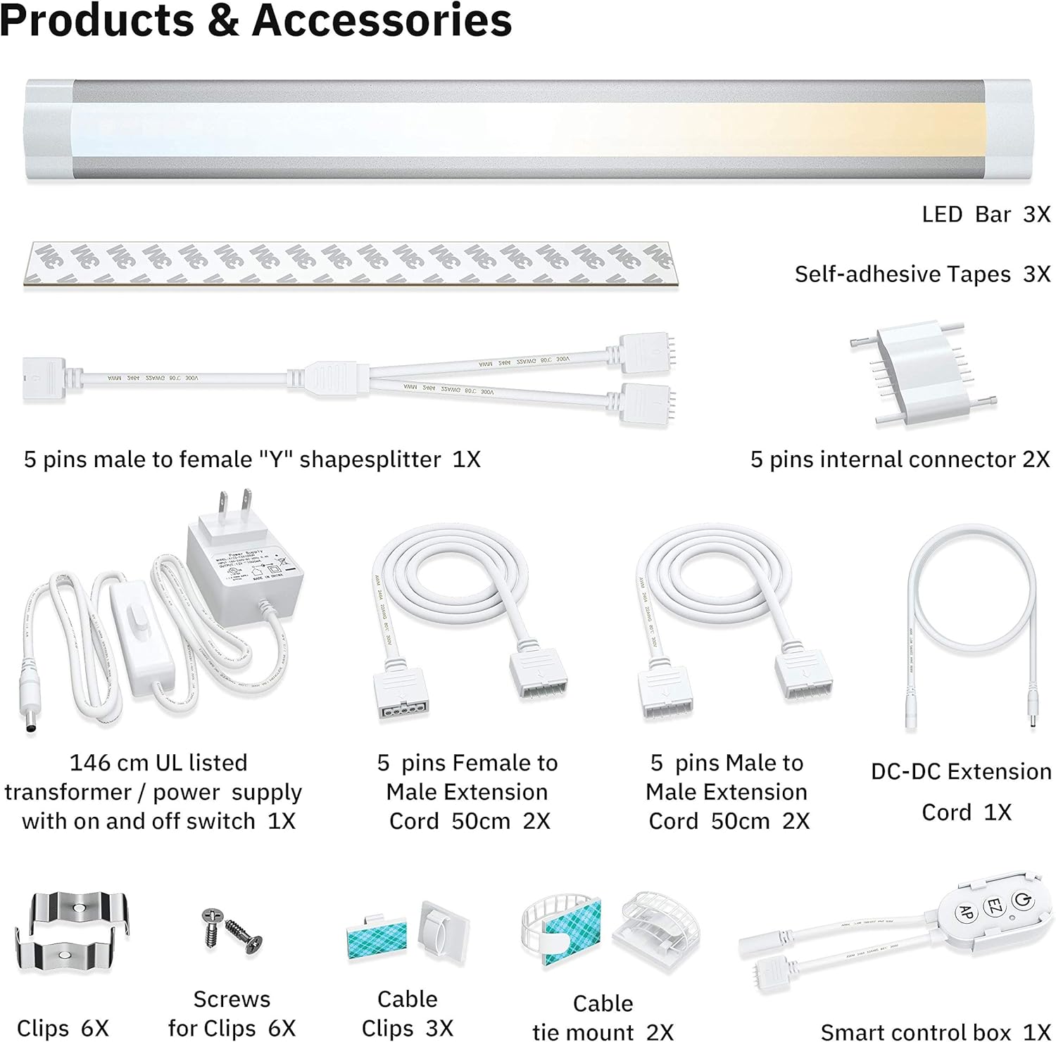 Under Cabinet LED Light Bar Kit, 3 Lights, Dimmable Warm to Cool White Y224