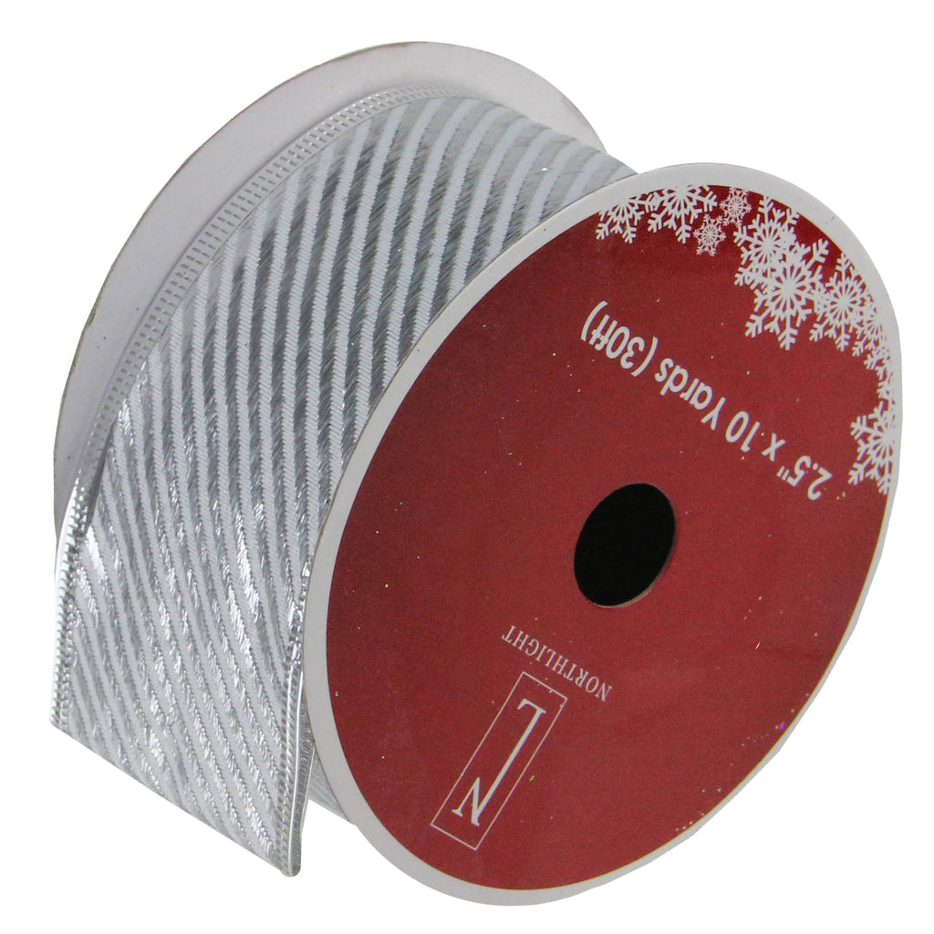 Shiny Silver Diagonal Striped Wired Christmas Craft Ribbon 2.5 x 120 Yards U23740
