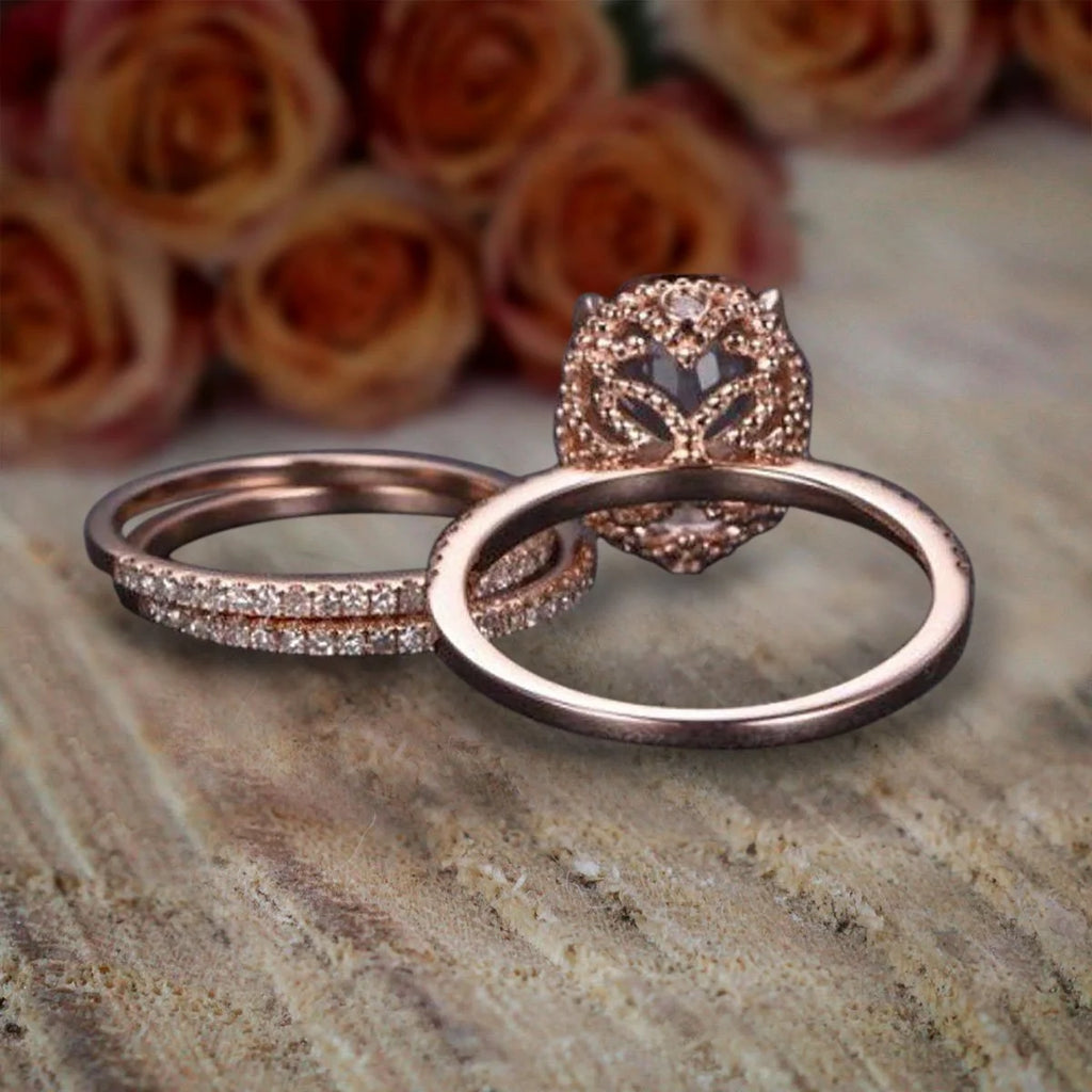 Oval Cut Morganite and Diamond Moissanite Trio Ring Set with 18k Gold Plating B884592