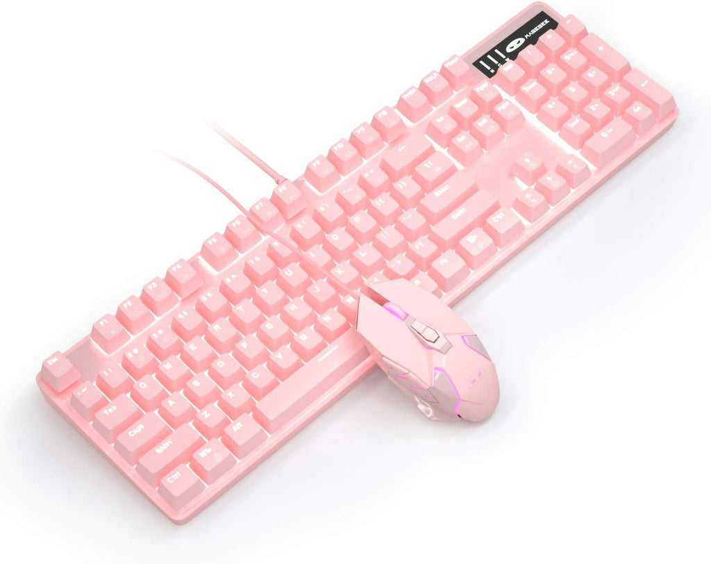 Pink Mechanical Gaming Keyboard and Mouse Combo Blue Switch 104 Keys White Backlit, 7 Button Mouse Wired, Pack of 2 P8724