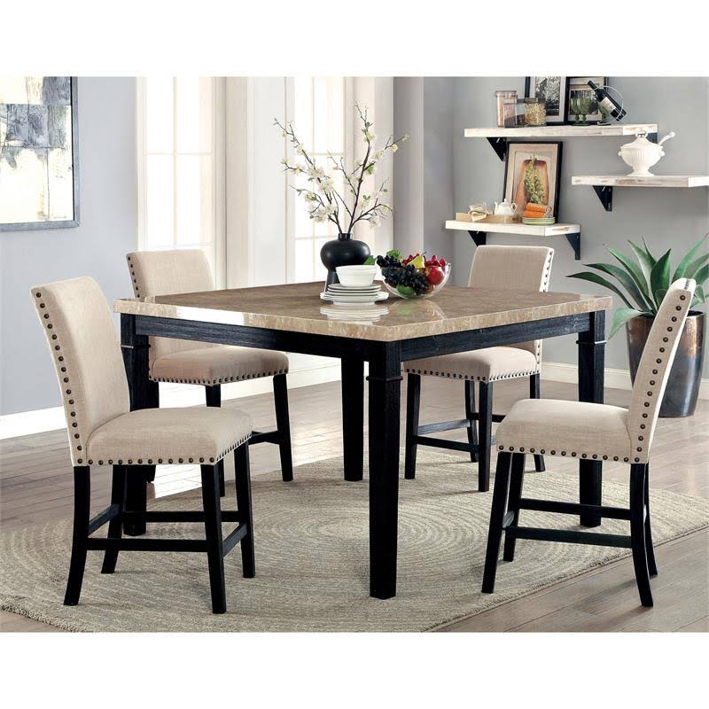 Black Wood Counter Height Table with Faux Marble Top U8951