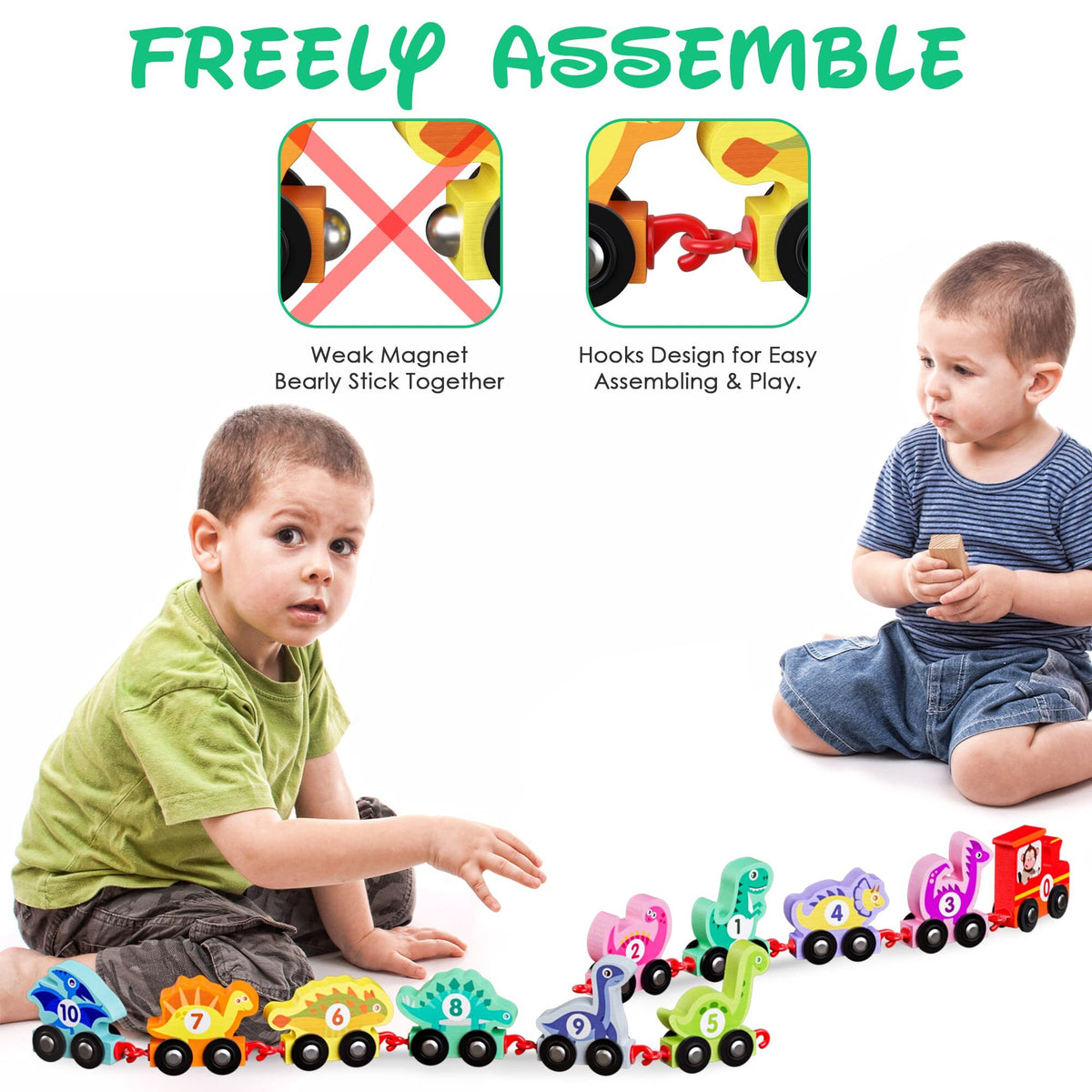 Wooden Dinosaur Train Car with Numbers, 11 Pieces Educational Montessori Toys I3366