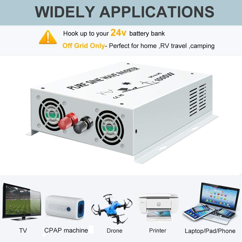 1000 Watt 24V Pure Sine Wave Power Inverter Dual 120V AC Outlets V71183