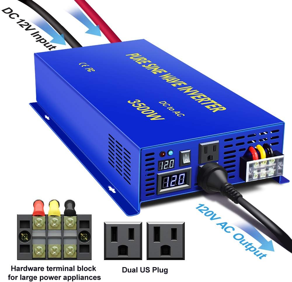 3500W Pure Sine Wave Power Inverter DC 12V to AC 110V with LCD Display T743