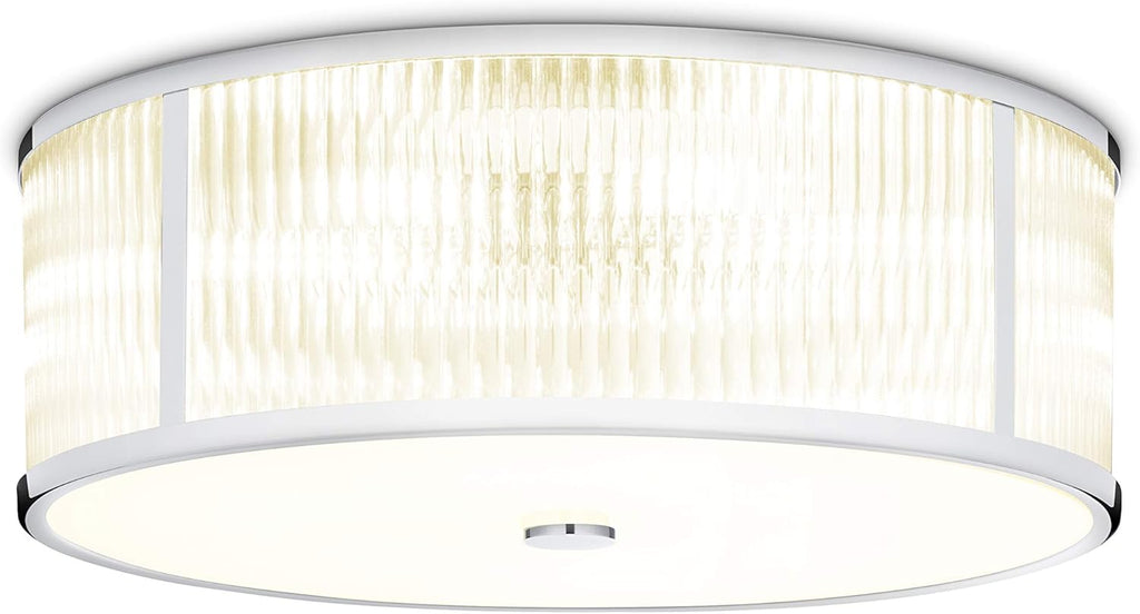 Chrome Flush Mount Ceiling Light, 18 Inch Diameter, LED Bulbs Included, 3000K, 2100 Lumens, Ribbed Glass Shade, Dimmable T56109