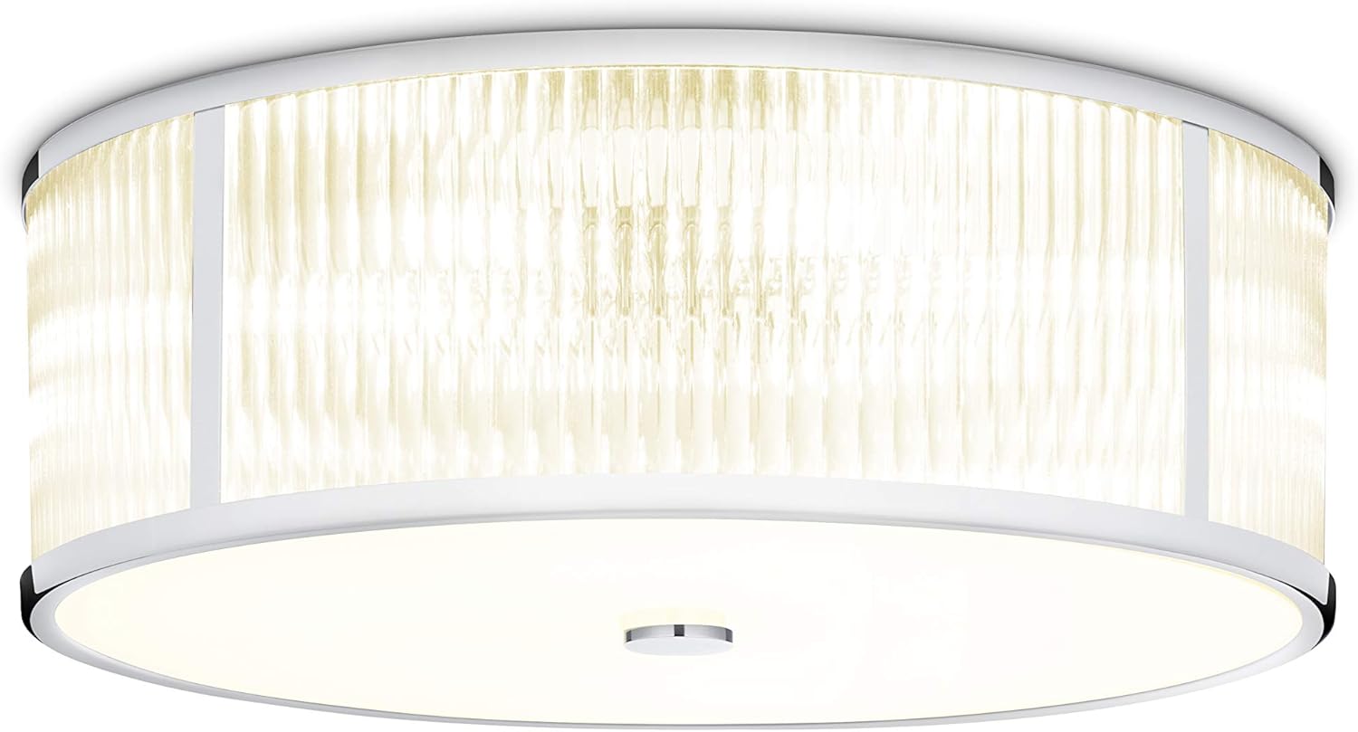 Chrome Flush Mount Ceiling Light, 18 Inch Diameter, LED Bulbs Included, 3000K, 2100 Lumens, Ribbed Glass Shade, Dimmable T56109