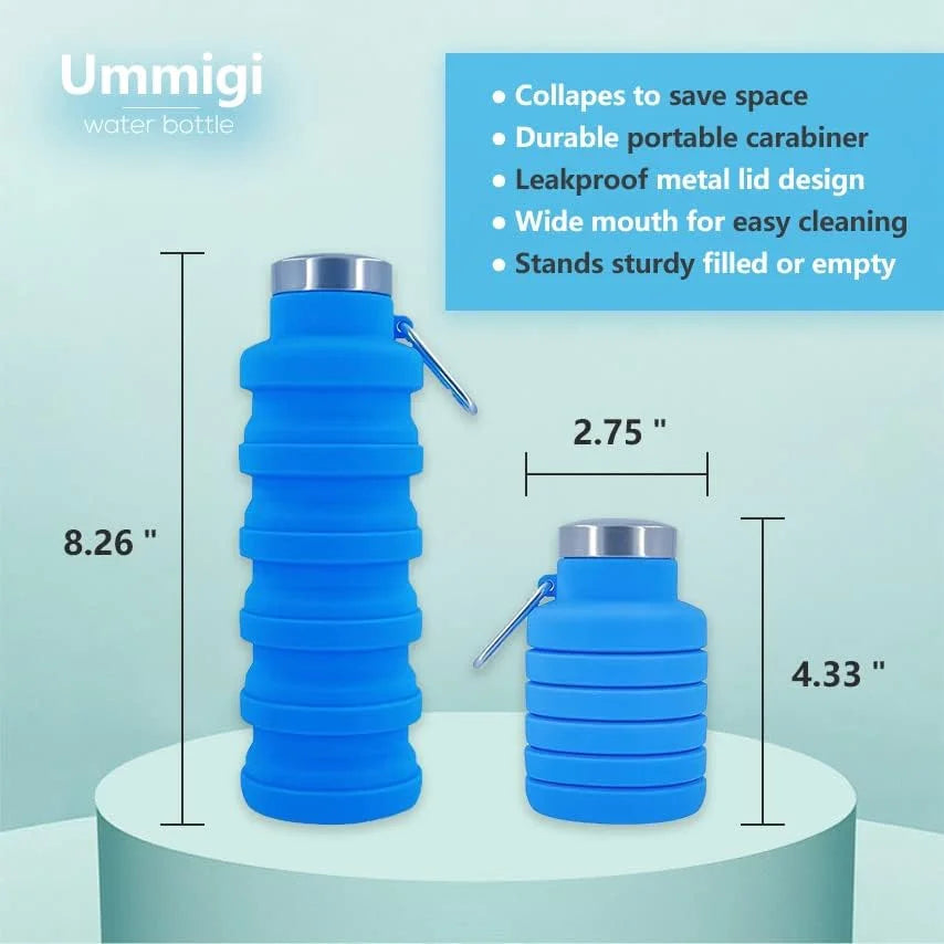 Collapsible Silicone Water Bottle with Carabiner, 17oz, 3 pack M102808