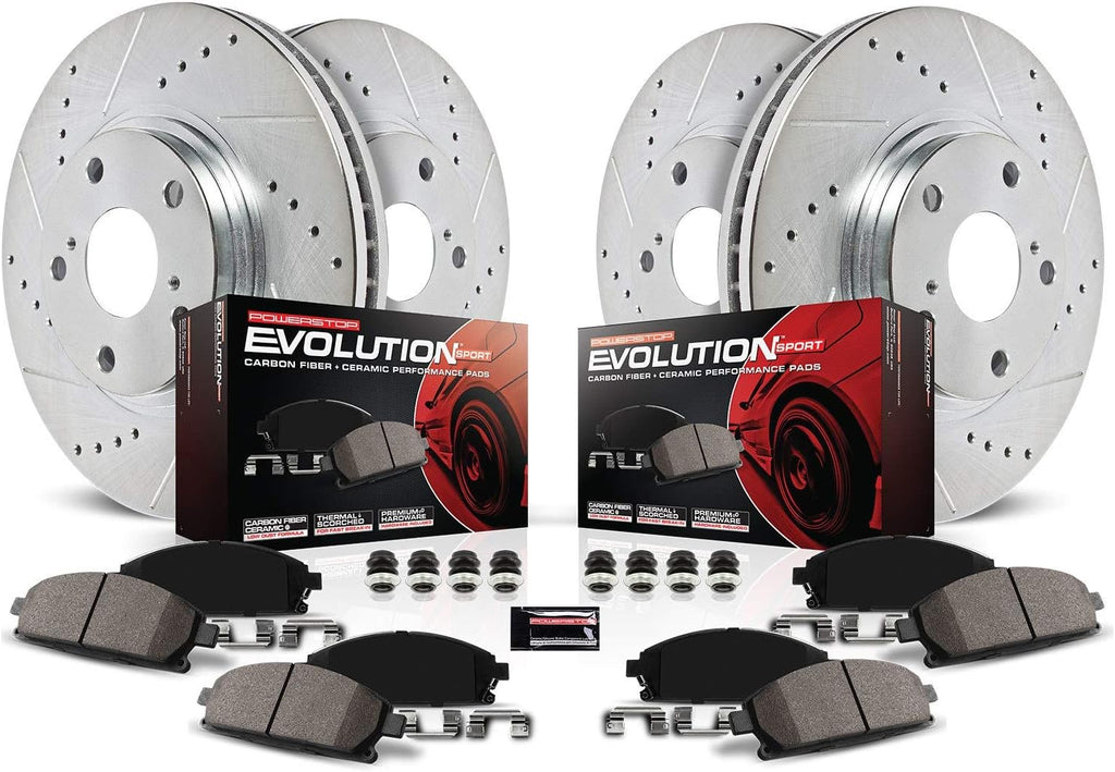 Front and Rear Carbon Fiber Brake Pads with Drilled & Slotted Brake Rotors Kit O61298
