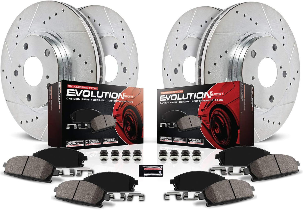 Front and Rear Carbon Fiber Brake Pads with Drilled & Slotted Brake Rotors Kit O61298