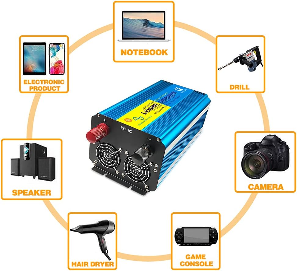 2500 Watt Pure Sine Wave Power Inverter 12V DC to 120V AC Converter with 4 AC Outlets and 3.1A USB Port LED Display Pack of 2 R2418