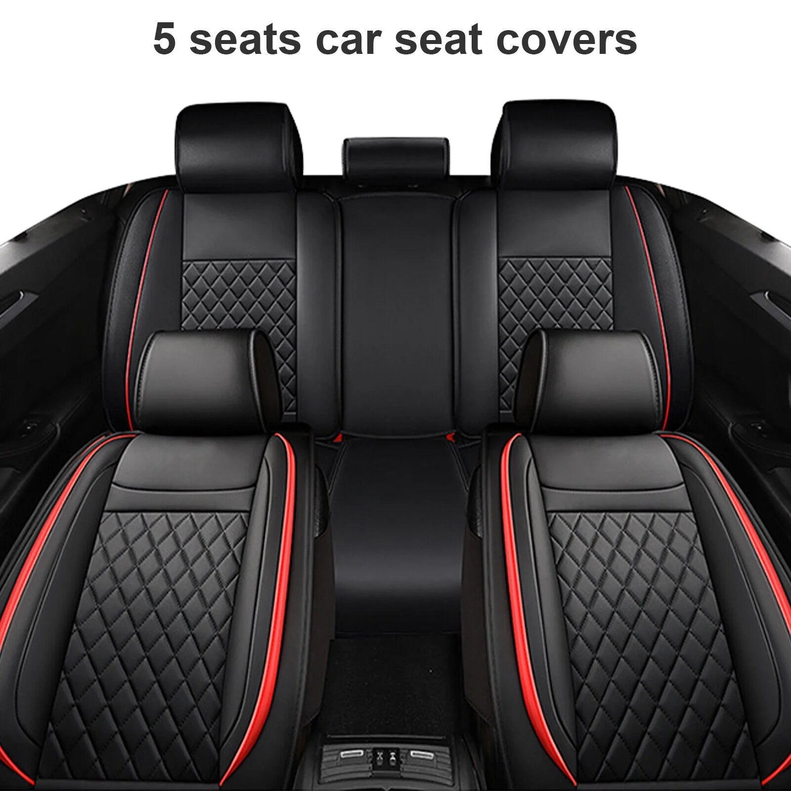 5 Seats PU Leather Car Seat Covers with 4 Pillows Black+Red G128