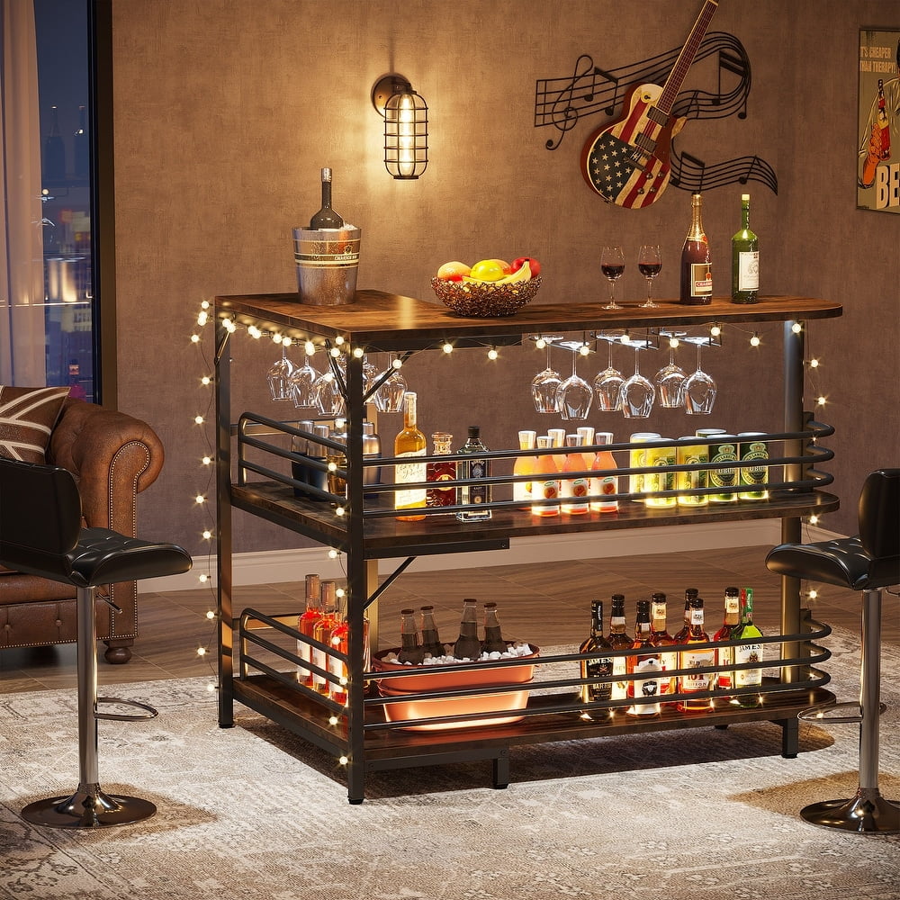 Rustic Brown L-Shaped 3 Tier Liquor Bar Table with Storage Shelves and Wine Glasses Holder J225882
