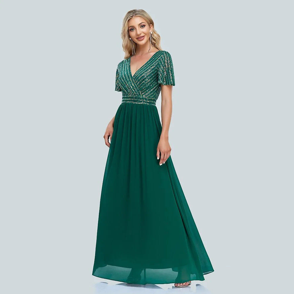 Green V-Neck Sequins Chiffon Formal Gown R761570