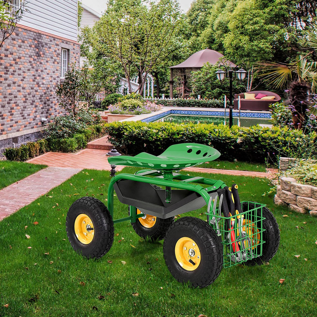 Green Garden Cart with Rolling Seat and Tool Tray A5155