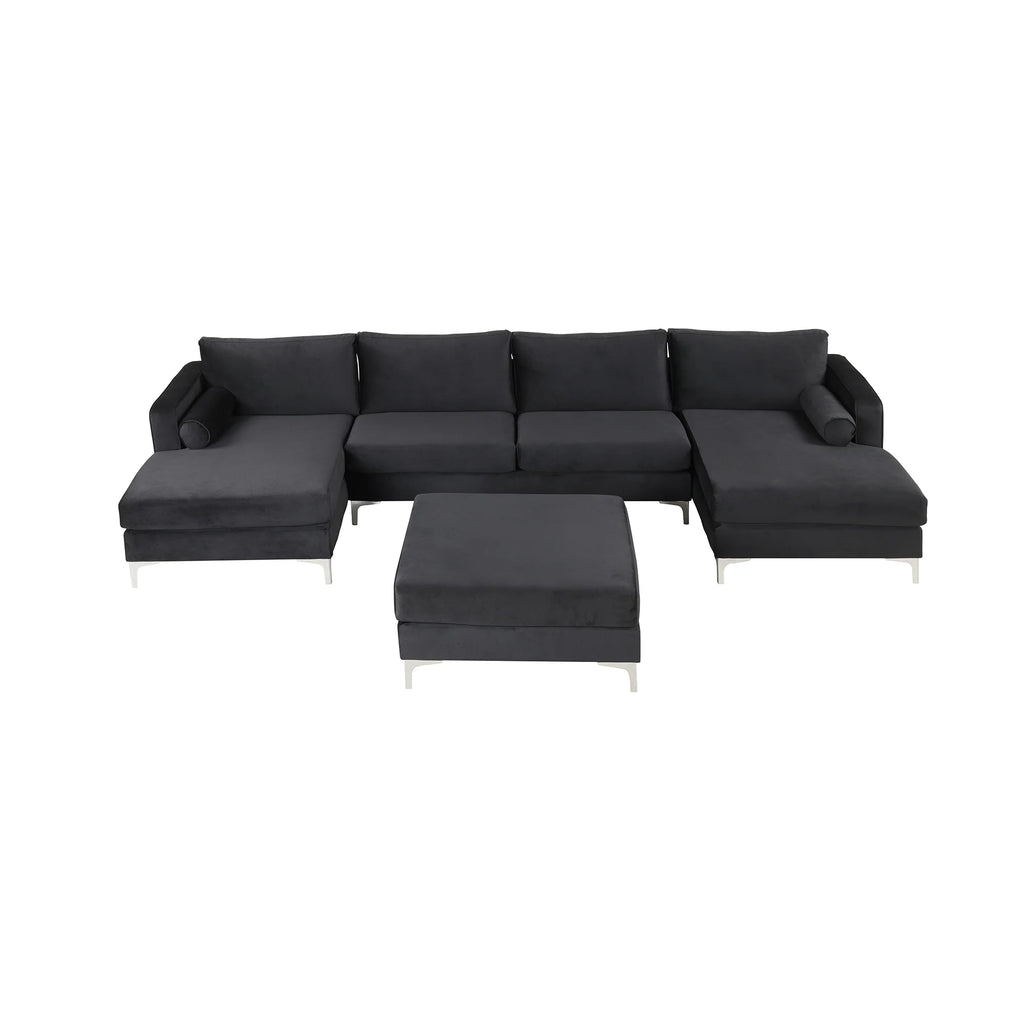 Black Velvet U-Shape Sectional Sofa with Ottoman P41436