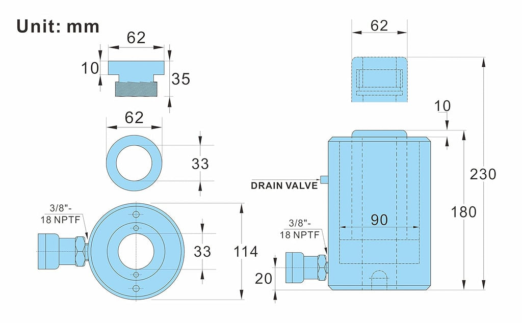 30T Hollow Single Acting Hydraulic Cylinder M9054