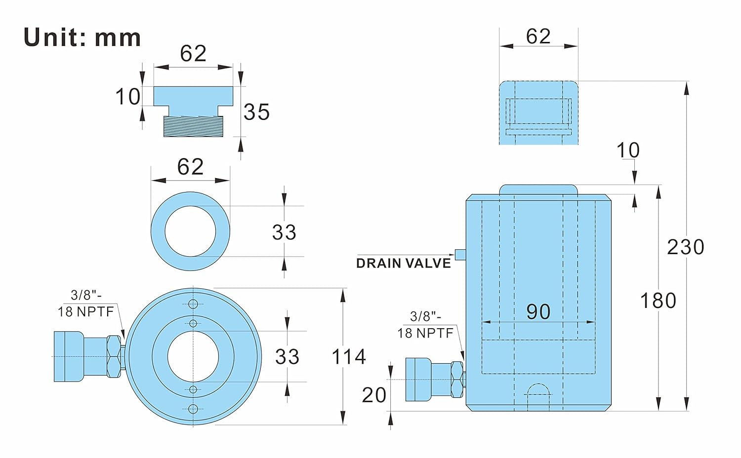 30T Hollow Single Acting Hydraulic Cylinder M9054
