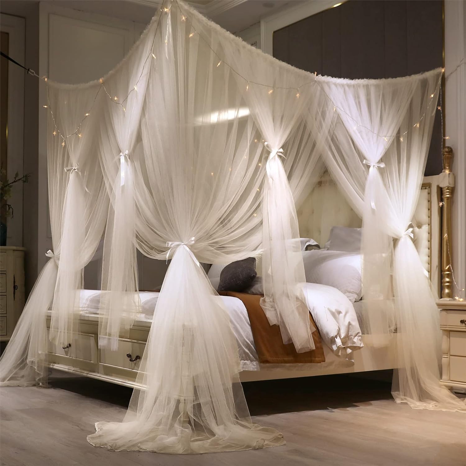 Double White Queen Size 4 Post Bed Canopy Mosquito Net K32742