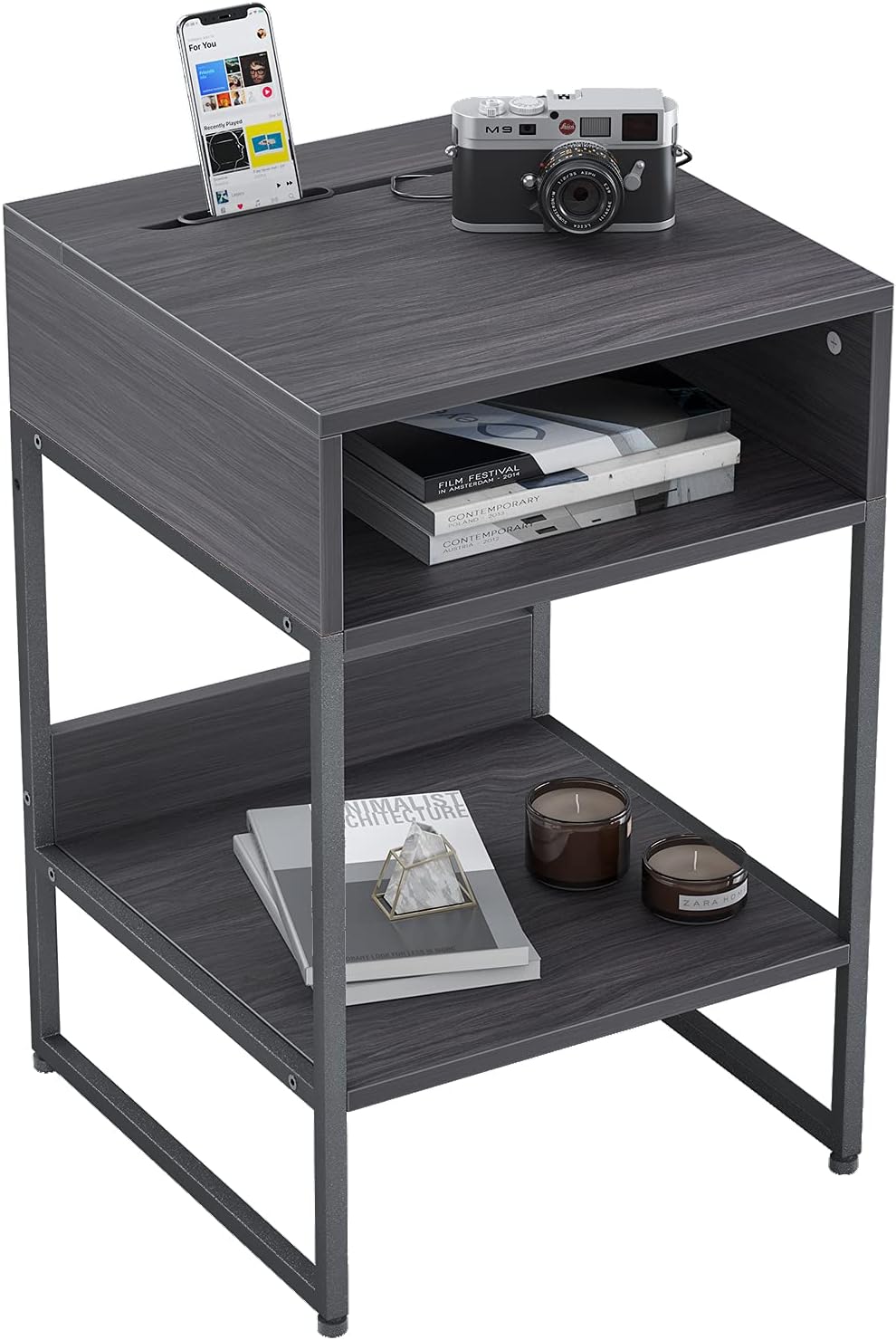 Fir Brown Side Table with Storage Compartment Z628761