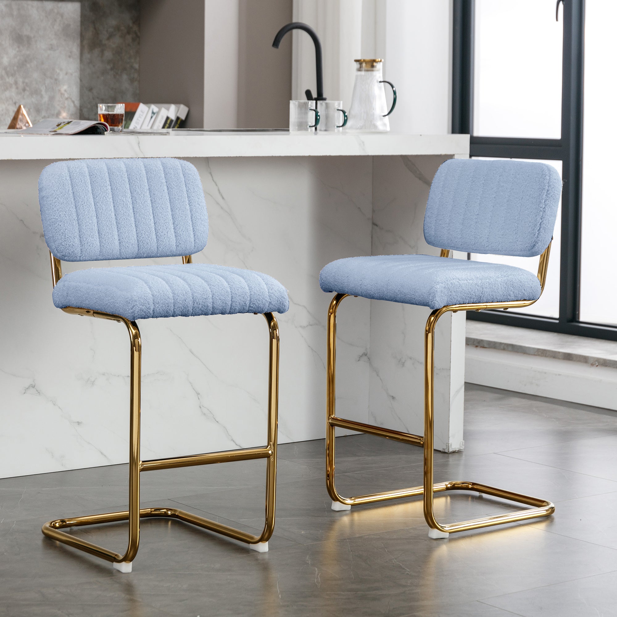 Blue Boucle Upholstered Bar Stools Set of 2 M433