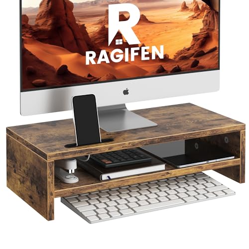 2 Tier Rustic Brown Wood Monitor Stand with Storage Shelves O631