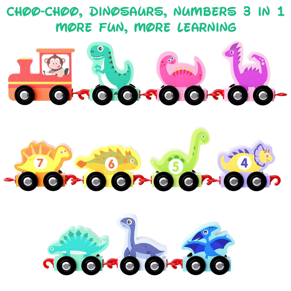 Wooden Dinosaur Train Car with Numbers, 11 Pieces Educational Montessori Toys I3366