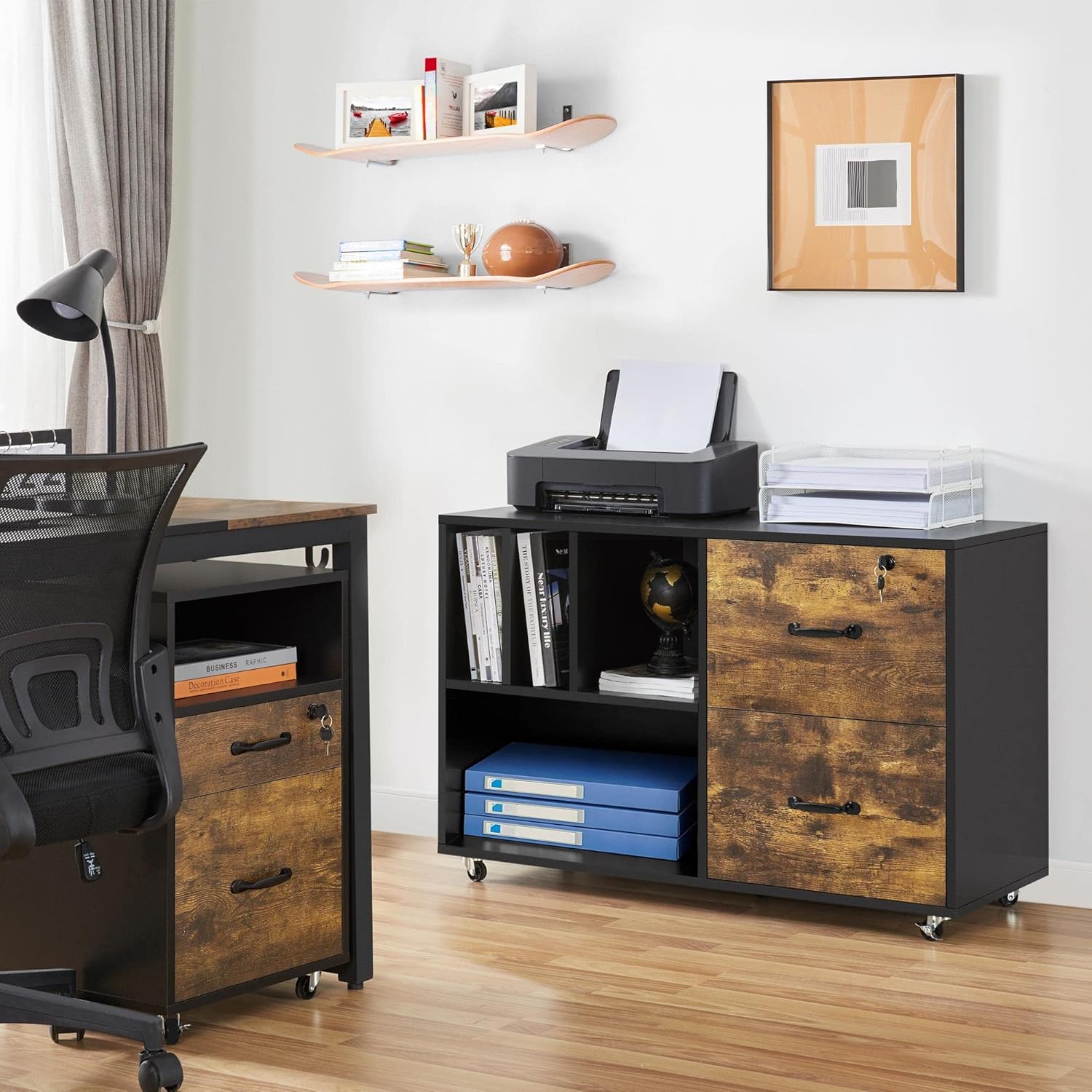 Black/Rustic Brown 2 Drawer Lateral File Cabinet with Wheels and 4 Open Shelves D480