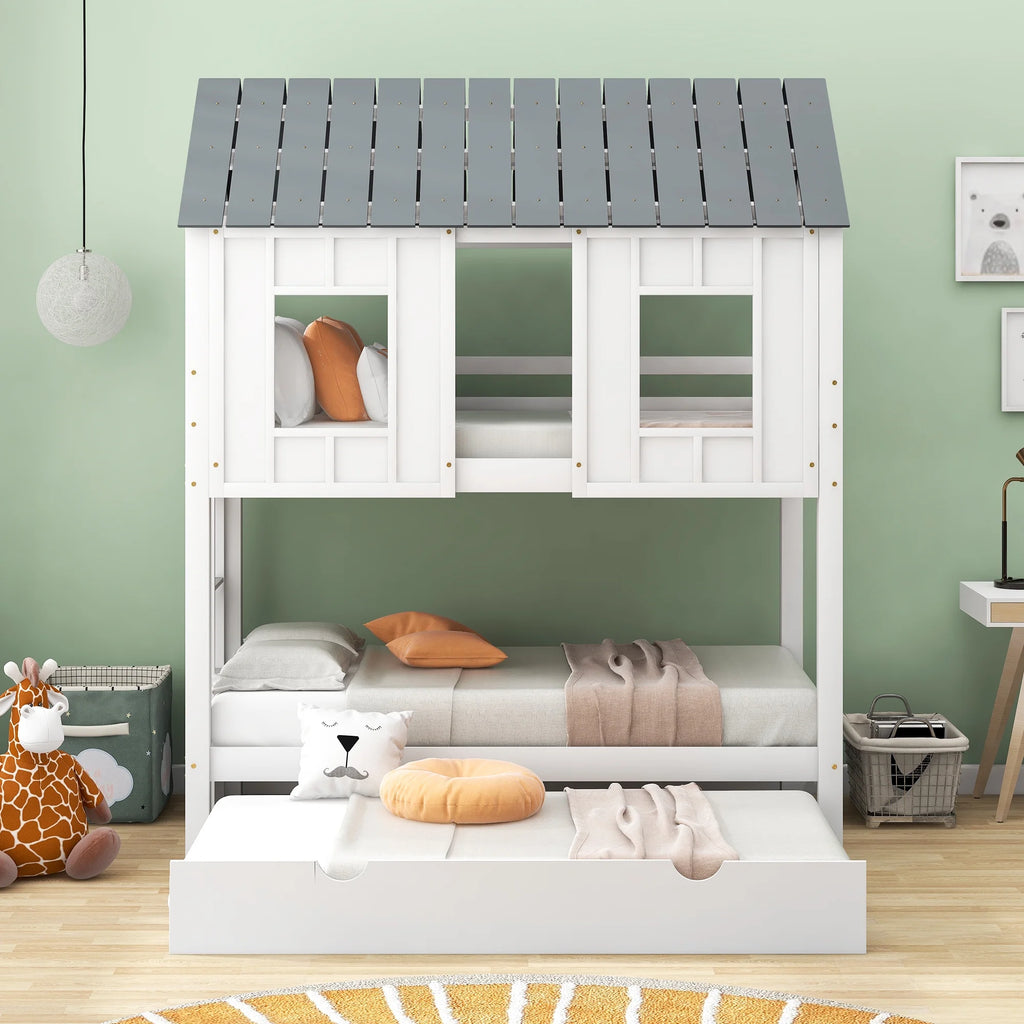 Twin Size House Bunk Bed with Trundle P997