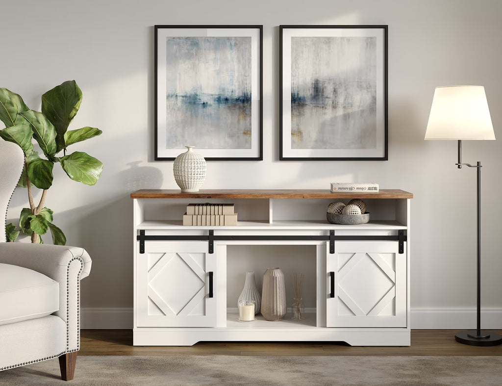 White Farmhouse Wood TV Stand with Storage T881738