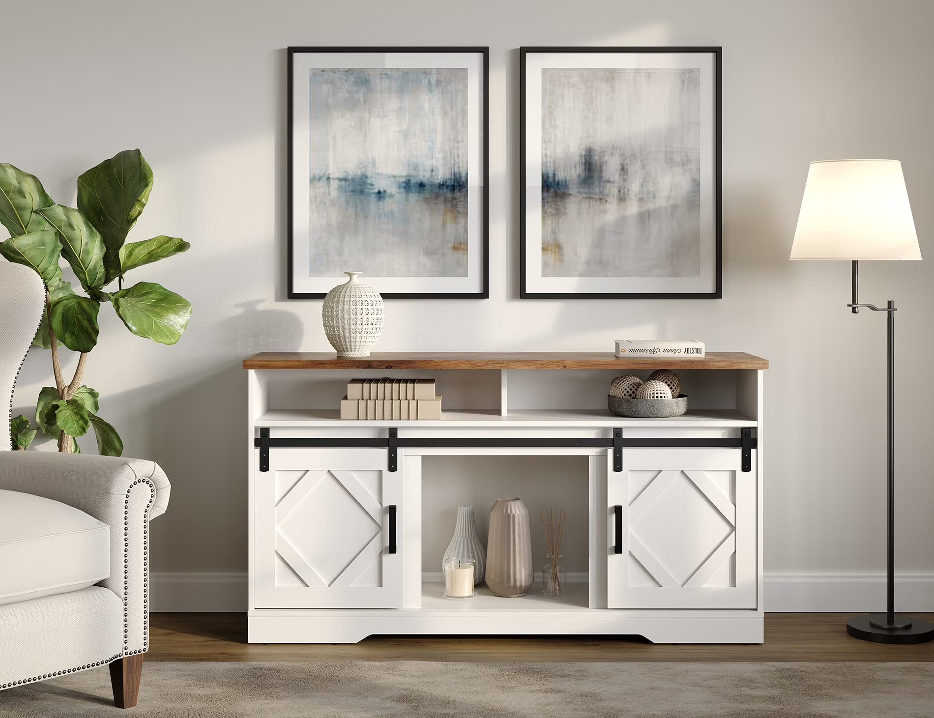 White Farmhouse Wood TV Stand with Storage T881738
