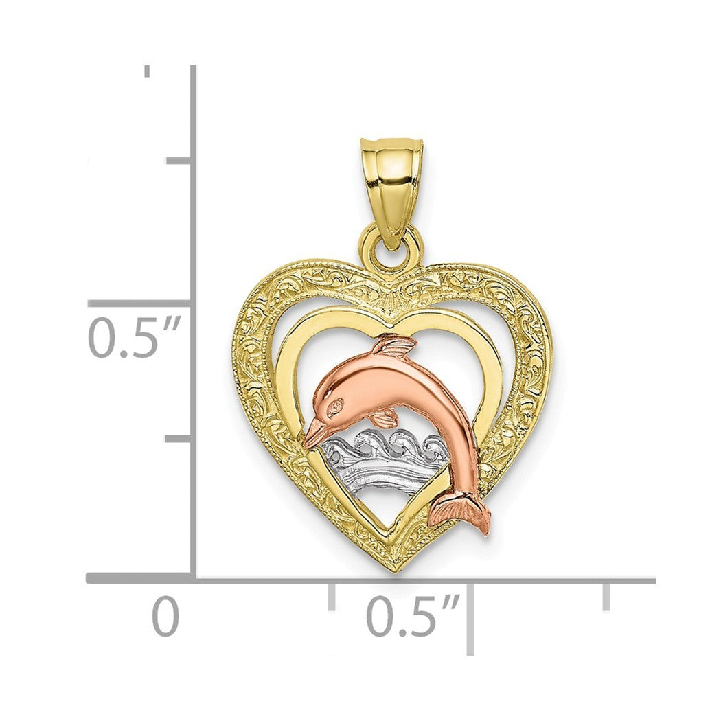 Tri color 10k Gold Dolphin Heart Pendant Necklace S740