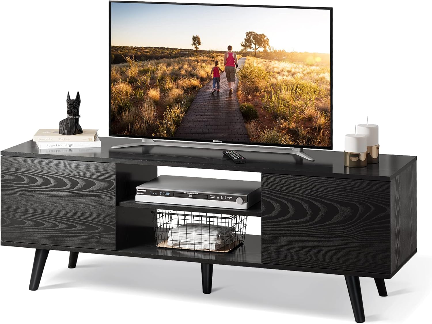 Gray Oak TV Stand with Storage Cabinet and Open Shelves M7842